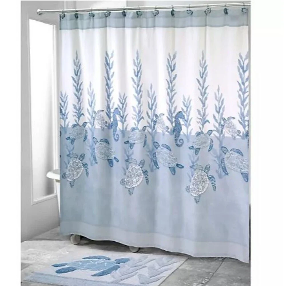 Avanti Caicos Shower Curtain 72x72 Sea Turtle Seahorse Blue Beach Coastal Summer